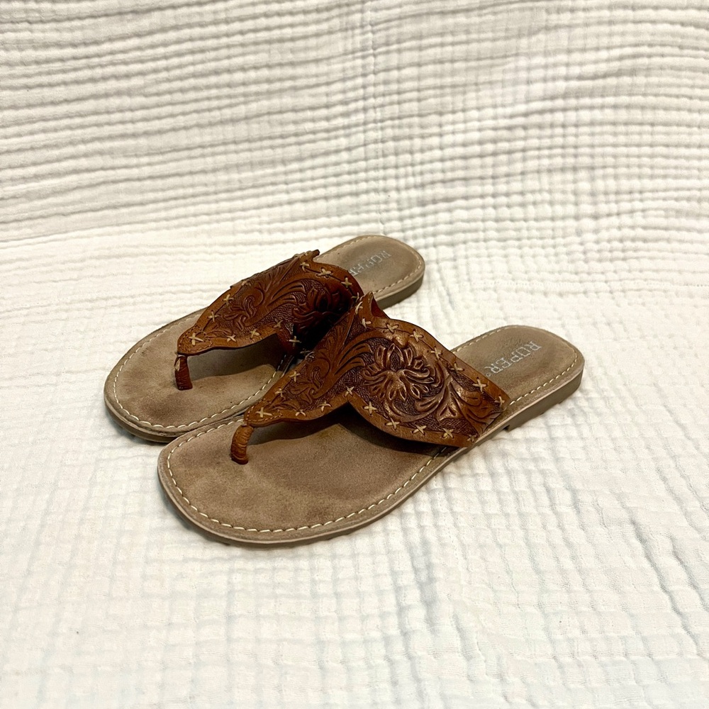 Roper Brown Tooled Leather Slip-On Sandals - Women's